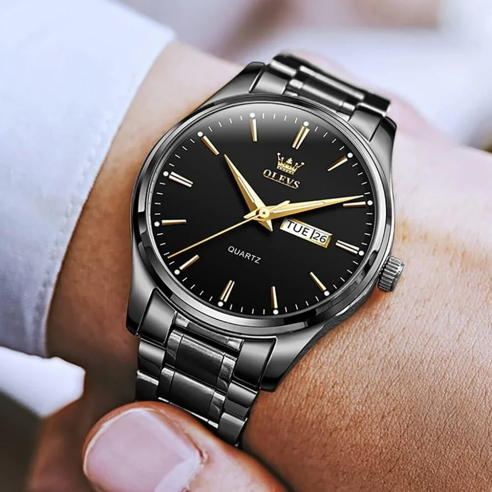 Olevs Men's Black Steel Black-Dial Waterproof Stainless Luminous Stylish Watch